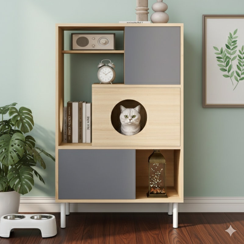 Arbre à chat moderne et table d'appoint moderne, conception 2 en 1, petite bibliothèque en bois avec compartiment caché pour litière, offre des zones d'escalade pour chats et un rangement dissimulé