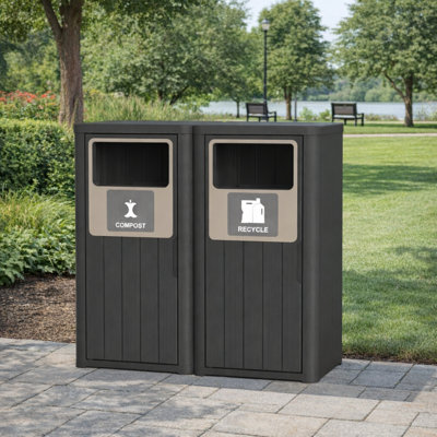 42 Gallon Double Wood-grain Style Outdoor Trash Can With Dual Lids