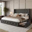 Grand lit plateforme tapissier avec tiroirs de rangement, structure de lit capitonnée avec dossier à oreilles et tête de lit, gris foncé-2105395641-2105395642