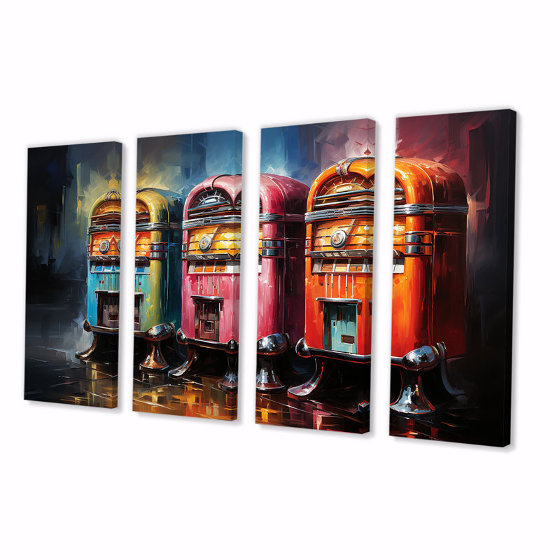 Coloful Modern Jukebox Jams II - Jukeboxes, art mural sur toile 4 pièces, H 28 po x l 48 po