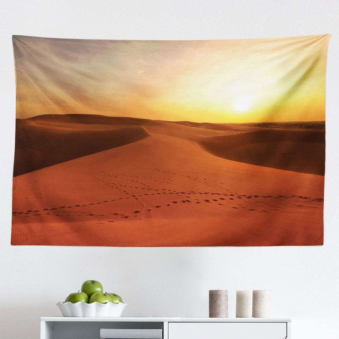 Wandbehang Fußabdrücke auf Sanddünen bei Sonnenaufgang Hot Dubai Landschaft Reiseziel