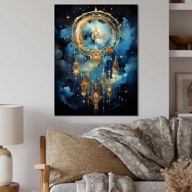 Capteur de rêves dorés célestes I - art mural en métal Dream Catcher, H 20 po x l 12 po x P 1 po