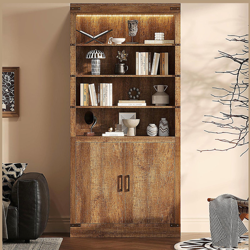 Bibliothèque moderne de 83,4 po de hauteur avec portes, bibliothèque avec tablettes réglables à 3 niveaux, tablettes avec éclairage à DEL, grande armoire de rangement pour le salon, bureau à domicile