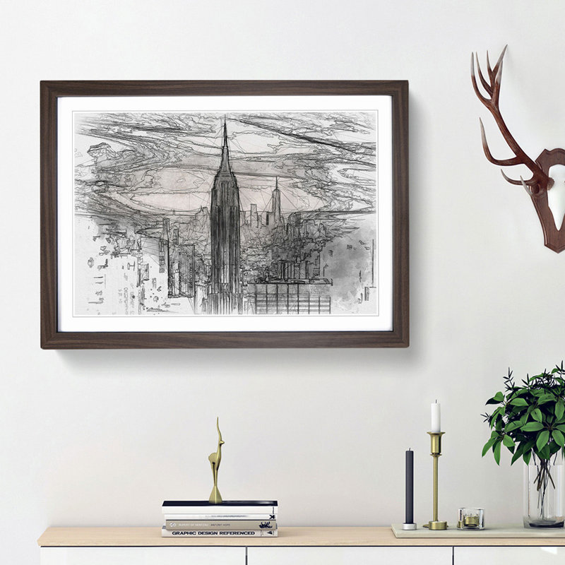 New York Skyline in Abstract - Picture Frame Graphic Art Print, 62cm H x 87cm W x 2cm D, Walnut Framed