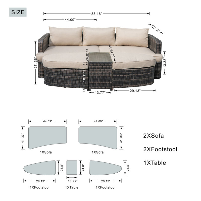 Anazco 89'' Wide Curved Patio Daybed with Cushions, Brown, Beige