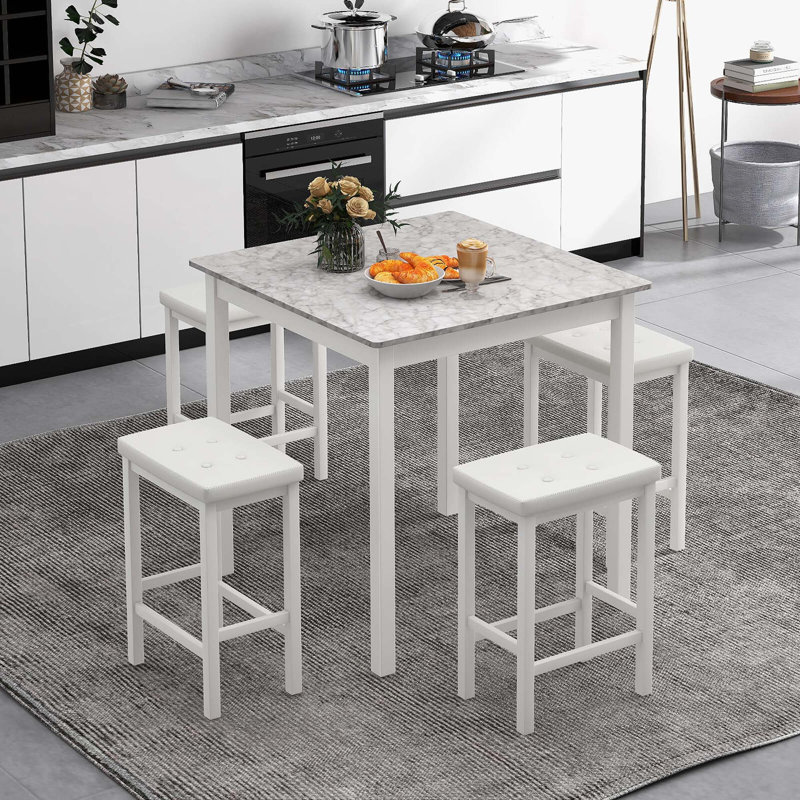 Ebern Designs 5 Pcs Bar Table Set Square Dining Table & 4 Pvc Leather Upholstered Bar Stools, White/Gray