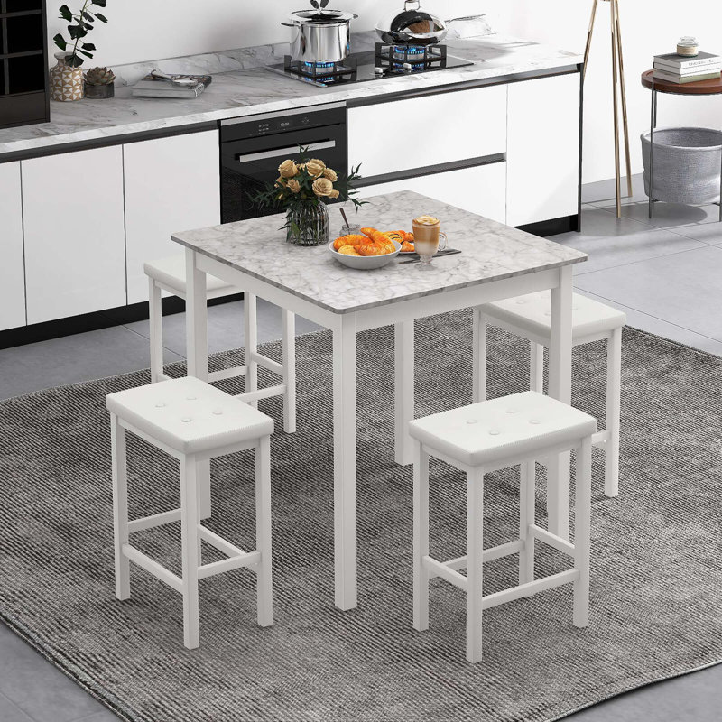 Ebern Designs 5 Pcs Bar Table Set Square Dining Table & 4 Pvc Leather Upholstered Bar Stools, White/Grey