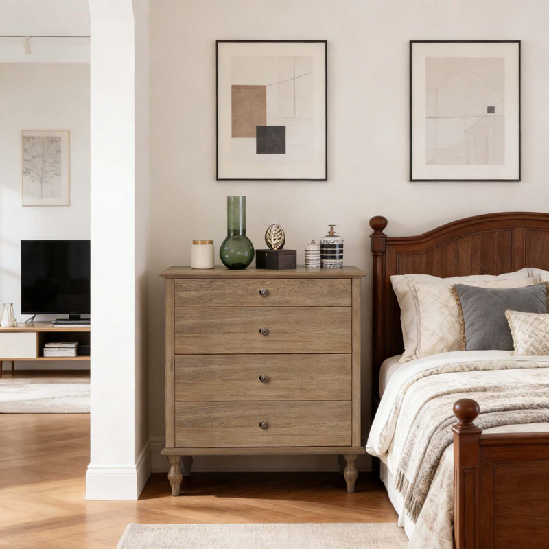 Armoire de rangement classique à 4 tiroirs, Natural & Light Brown,Rustic Brown