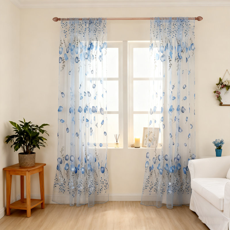 4 Panels Set Tulip Print Sheer Curtains For Living Room & Bedroom, Light Filtering Tulle Window Treatment (39.4X78.7 Inches), Floral Modern Decor