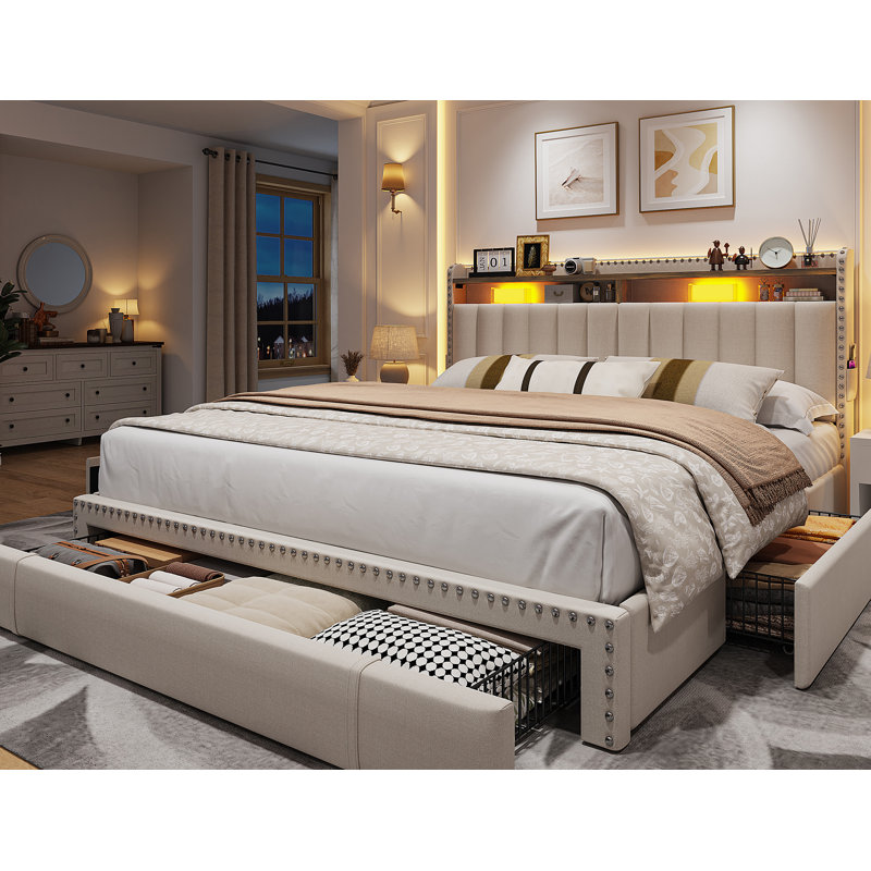 Upholstered Storage Bed Frame with 3 Drawers and 2-Tier Shelf Headboard,No-Noise, Beige, Queen