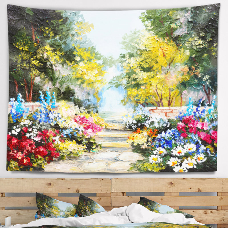 Forêt d'été de paysage avec tapisserie de fleurs, H 32 po x l 39 po