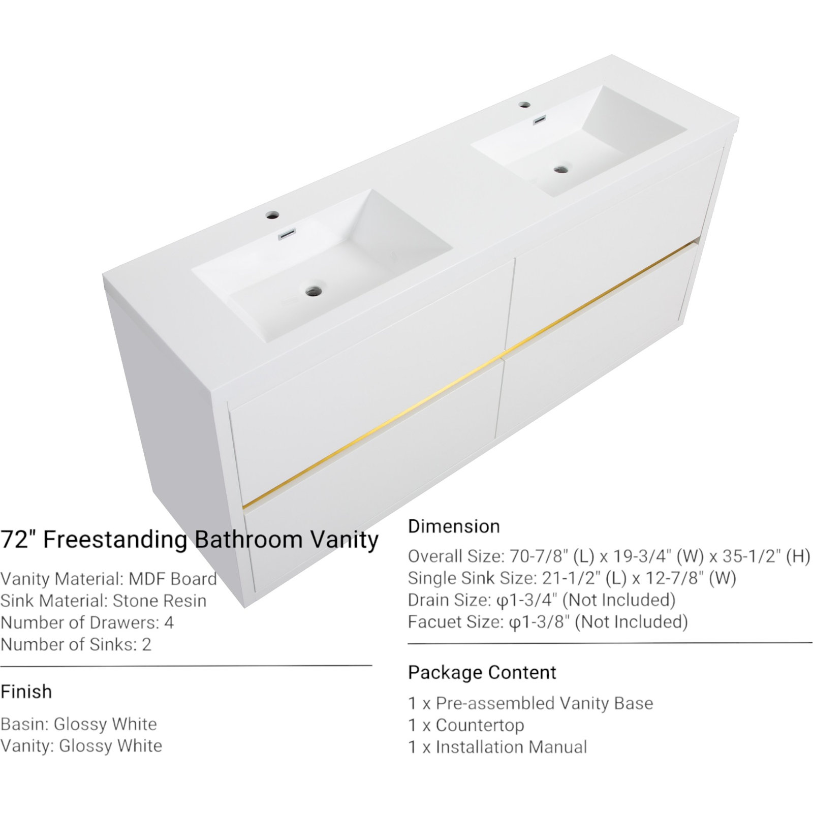 Beira 71" Double Bathroom Vanity, Glossy White
