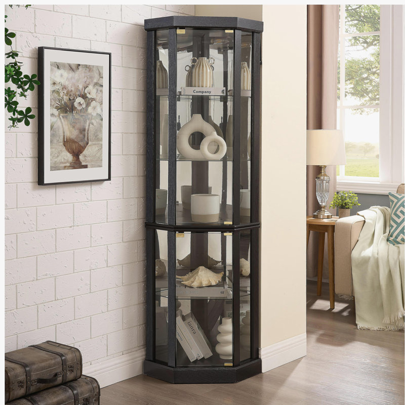 Lighted Corner Curio Cabinet - Elegant Glass Display Case for Living Room & Bar Storage - for Antique Collections & Wine - Includes Built-in Lighting - Black