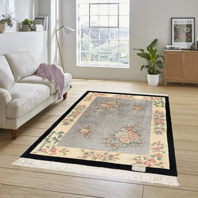 Tapis oriental oriental oriental à motif floral en laine noué à la main beige et beige à motif floral