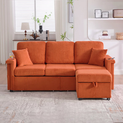 Canapé modulaire en L avec rangement escamotable, repose-pieds et coussins à 3 places avec chargement USB, porte-gobelet, conception convertible pour salon, appartement, tissu en velours côtelé