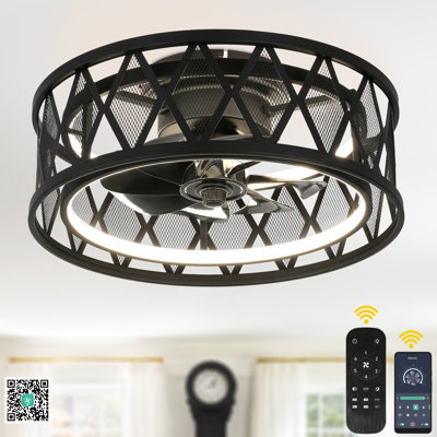 19'' Caged Flush Mount Ceiling Fan with Light and Remote, Reversible DC Motor, Modern Low Profile Fandelier