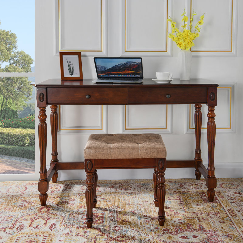 Wexford Collection Solid Wood Writing Desk Set with 2 Drawers, Traditional Console Desk and Vanity Table Set for Small Spaces, Narrow Home Office Desk with Storage