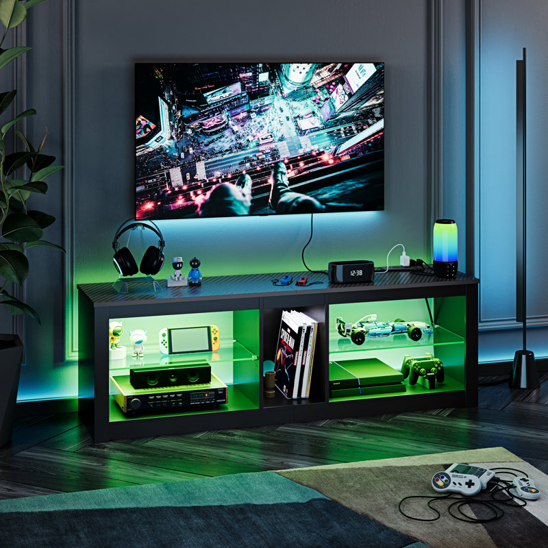 Meuble télé Roika pour meuble télé 60 po avec tablettes en verre et prise de courant Roika, Fibre de carbone