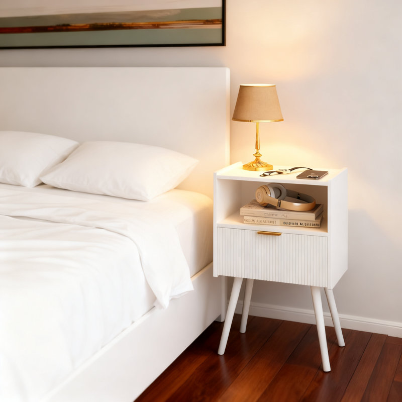 25.5 H Modern End Table, White Nightstand With Storage Drawer And Open Wood Shelf