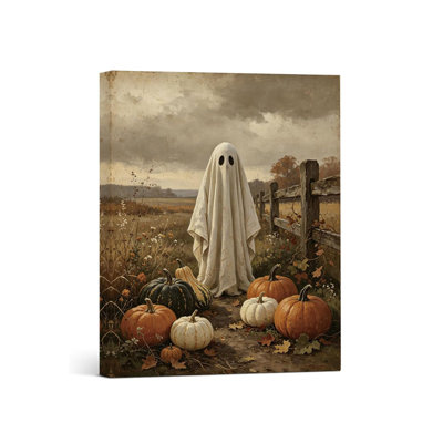 Ghost Pumpkin Field Wall Art, Vintage Farmhouse Halloween Decor,Dark Cottagecore Canvas Print, Harvest Decor for Living Room Entryway Hallway, 8x10 Inch