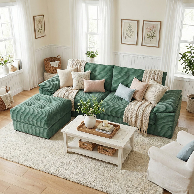 L-Shape Modular Sectional Sofa with Ottoman – Deep Seat Corduroy Sleeper Couch, Cloud-Soft All-Foam Design (No Assembly), Removable Washable Covers