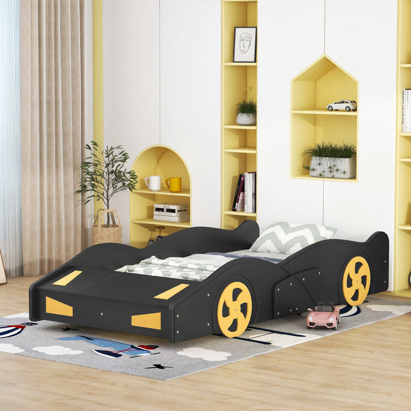 Twin Size Race Car-Shaped Platform Bed With Wheels And Storage, Black, Black