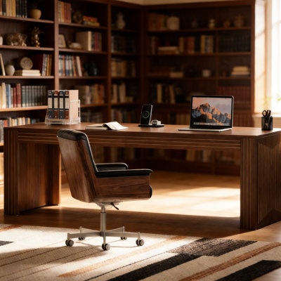 Bureau de 200 cm de long au style minimaliste et élégant, en bois brun noyer, stable sur sol irrégulier, pieds réglables, longueur d'écriture confortable, couleur, grand plateau, surfaces variées.