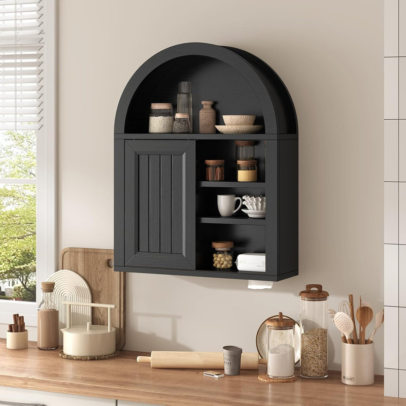 Arched Bathroom Wall Cabinet, Over The Toilet Cabinet With Sliding Door And Adjustable Shelf, Wall Mounted Cabinet, Black