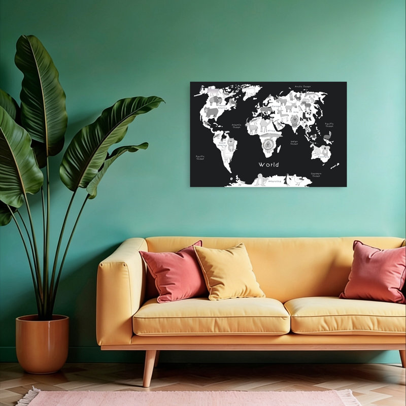 «World Animal Map», ours contemporain, éléphant, koala, faune, impression murale, H 24 po x l 36 po