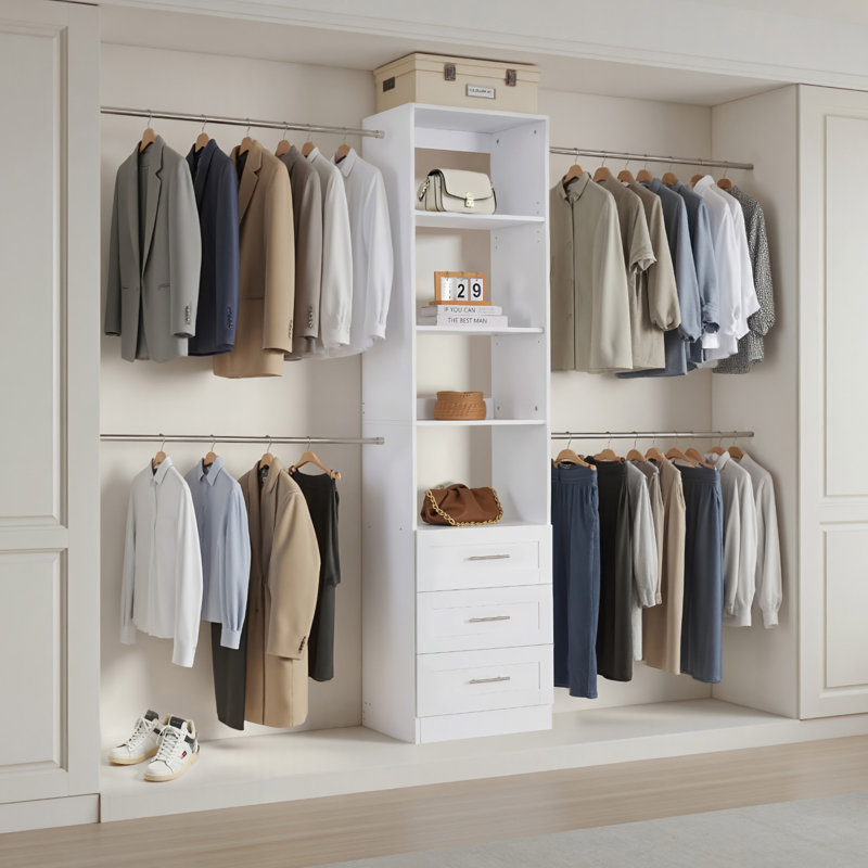 Closet System with 3 Drawers, Adjustable Height Wooden Closet Organizers, Modern Walk-in Wardrobe Organization with 4 Retractable Clothes Hanger Rods, Freestanding Garment Rack Storage, White
