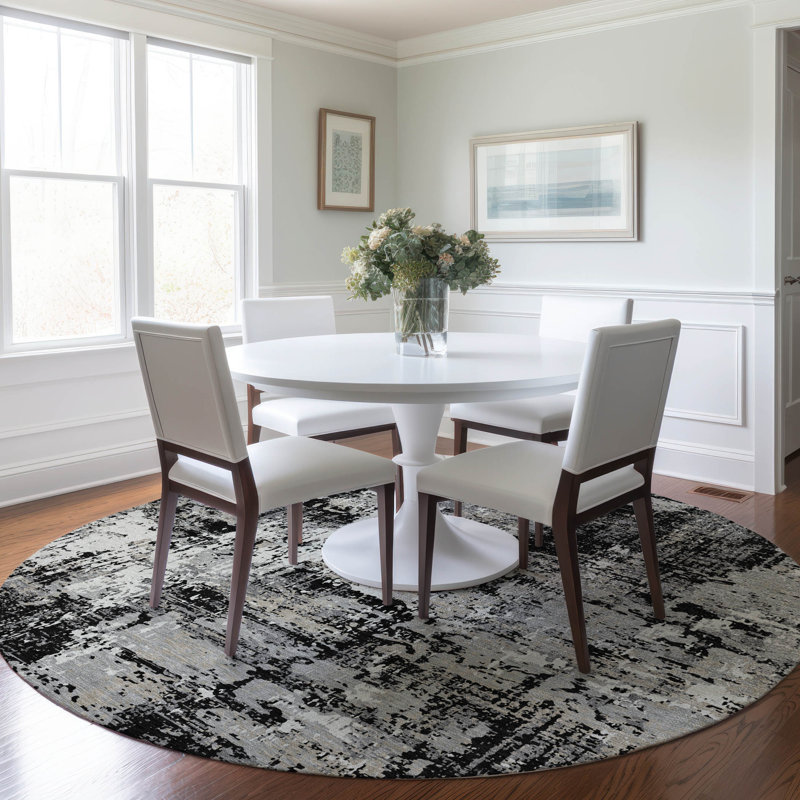 Black Abstract Round Synthetic 8' Washable Area Rug