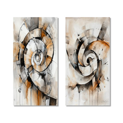 Fractured Spiral of Copper Elements – Black Abstract Large Metal Wall Art Set of 2 - Printed on Metal