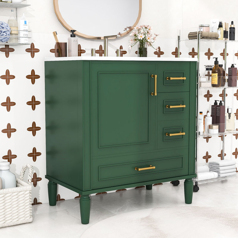 Meuble-lavabo de salle de bain avec lavabo en céramique, tiroirs à fermeture en douceur et porte, Vert