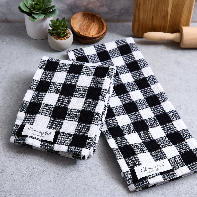  Ensemble de 2 serviettes de toilette gaufrées délavées, damier olive, Noir
