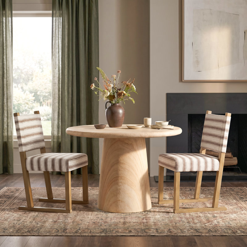 Modern Striped Fabric Dining Chairs, Solid Wood Sled Leg Base - (Set of 2), Terracotta Striped, Medium Yellow Wood