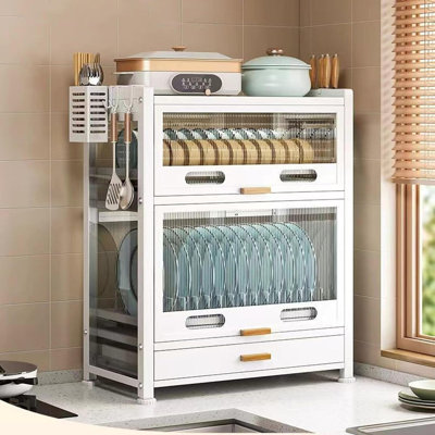 4-Tier Kitchen Countertop Storage Cabinet With Flip Magnetic Doors, Sliding Drawers & Drainage Trays - Dust-Proof Organizer For Dishes, Bowls, Bottles & Utensils