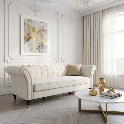 Canapé de 89,5 pouces en velours, canapé moderne à 3 places avec accoudoirs roulés, dossier capitonné à rainures verticales, garniture décorative, canapé à structure en bois massif pour le bureau du salon