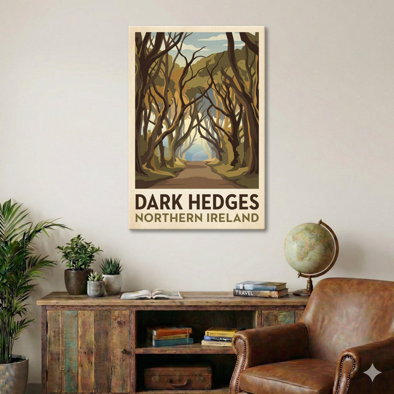 Dark Hedges, Northern Ireland - Enchanted Tree Tunnel Travel Poster. Giclee Print on Wrapped Canvas. Wall Art, Home Decor - Natural Landmarks, Northern Ireland 1 Piece Wrapped Canvas Wall Art