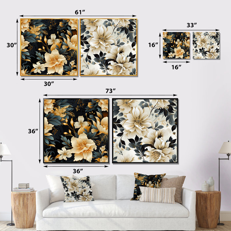 Ipomee - Ensemble de 2 reproductions d'art sur toile florales, Cadre blanc, H 36 po x l 73 po x P 1,5 po
