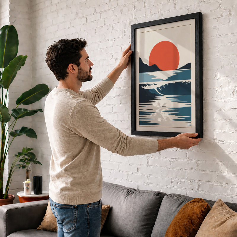 Red Sun Over Still Water Minimalist - Framed Print, Black, A3 - 42.0 x 29.7 cm