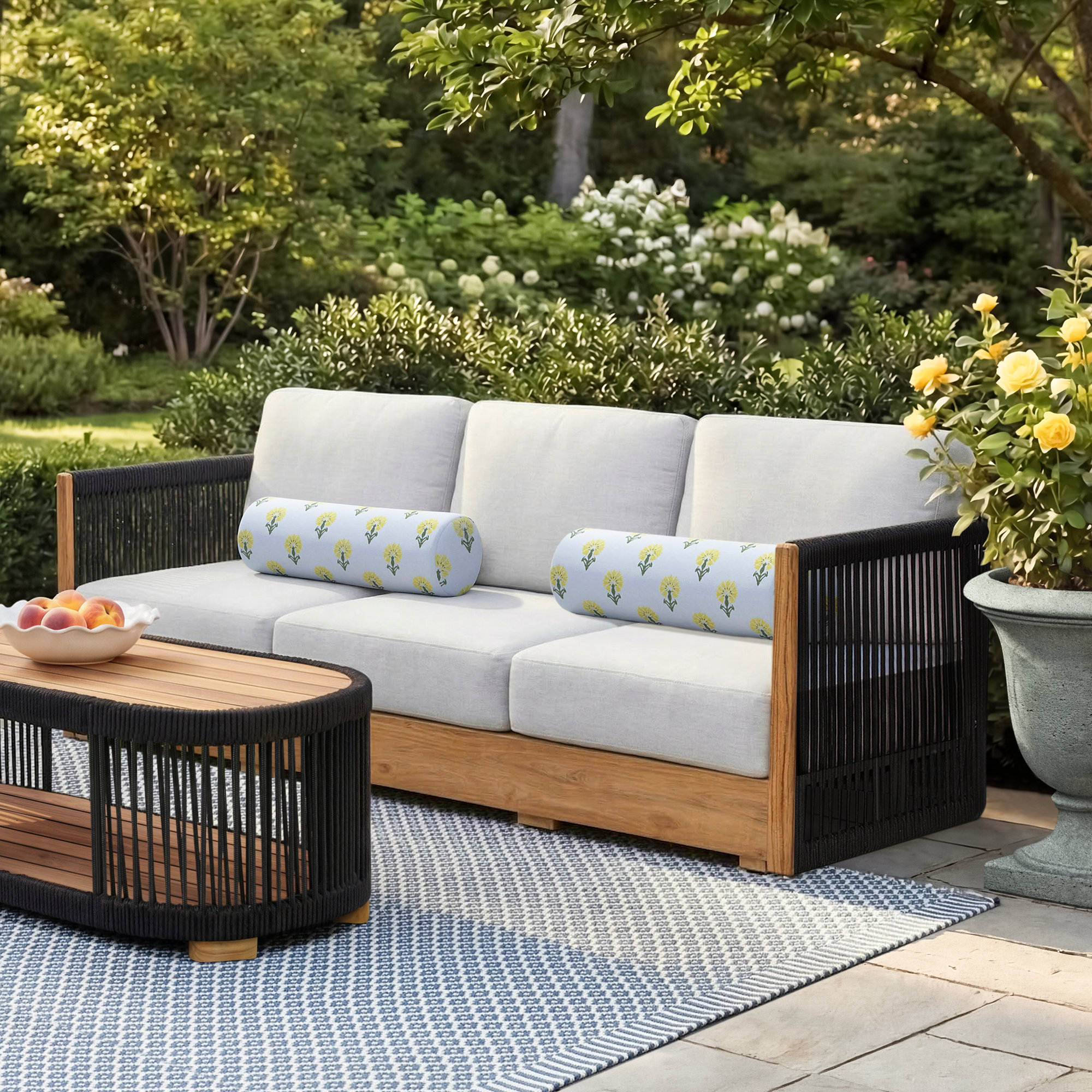 Aniston 81.5'' Wide Outdoor Teak Patio Sofa with Sunbrella Cushions, Black