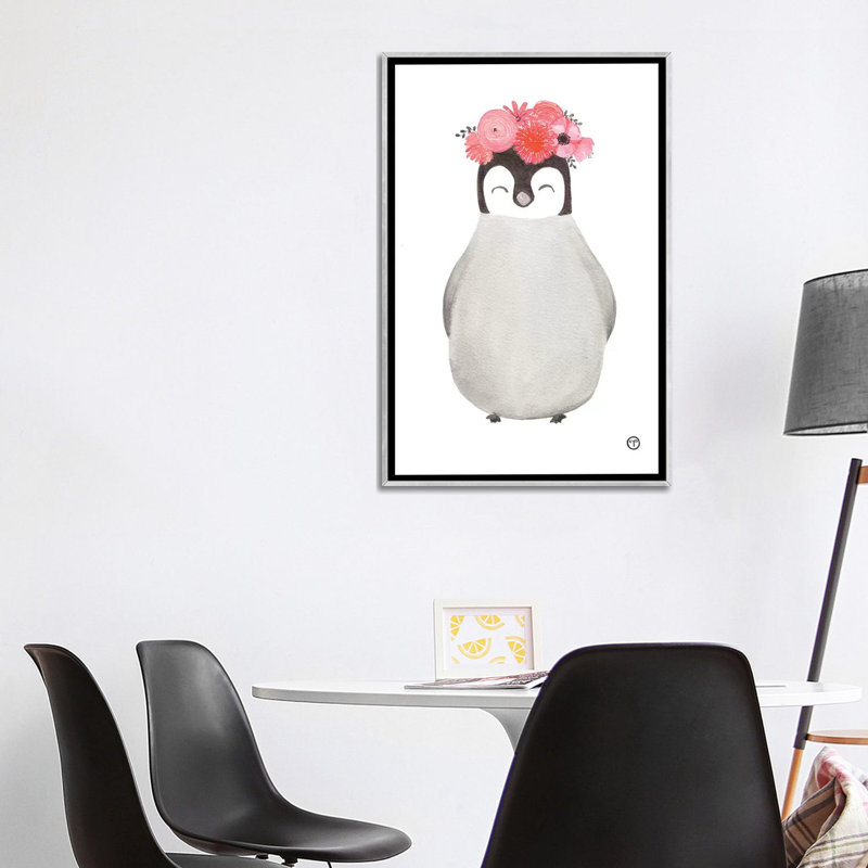 Art pingouin, H 48 po x l 32 po x P 1,5 po, Toile avec cadre argenté