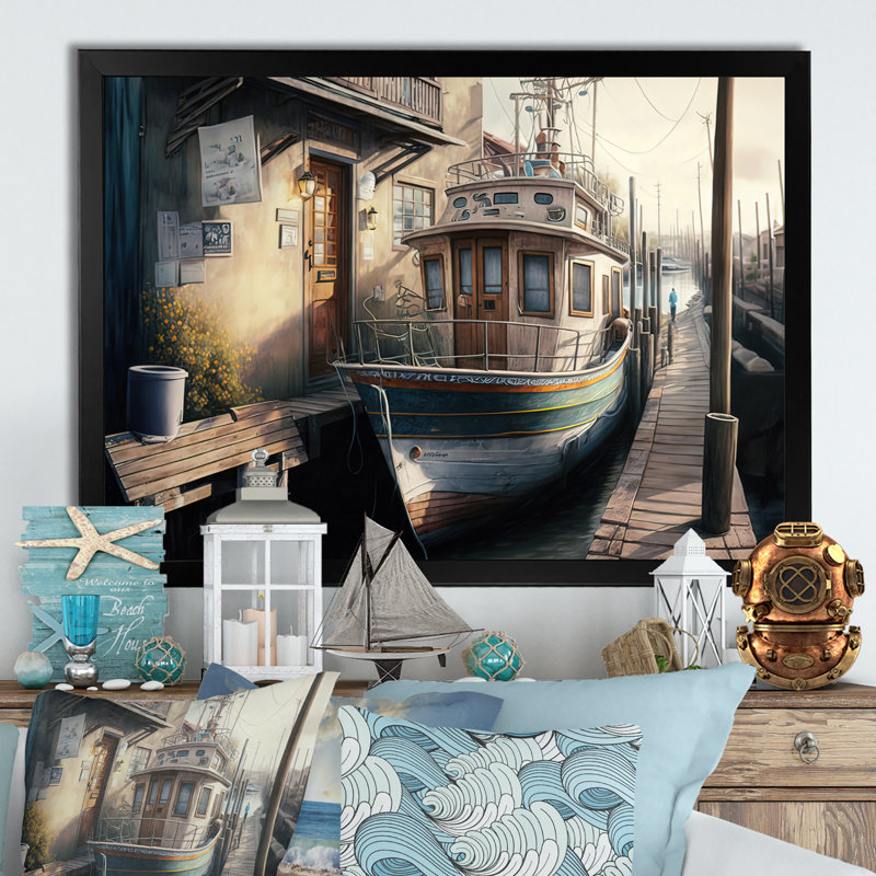 Port rustique avec un bateau de pêche IV - Peinture sur toile, H 30 po x l 40 po x P 1,5 po
