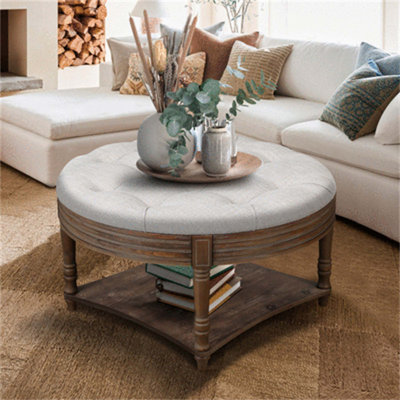 Large Round Waterproof Ottoman Coffee Table 2 Tier Oversized Button Tufted Ottoman With Wooden Shelf Storage Farmhouse Upholstered Coffee Table Living Room Footstool Ottoman Linen(Light Grey)