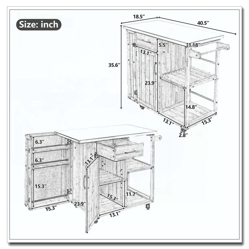 Outdoor Kitchen Island Fir Wood Prep Station Lockable Kitchen Cart with Stainless Top, Ample Storage Space, Dark Brown