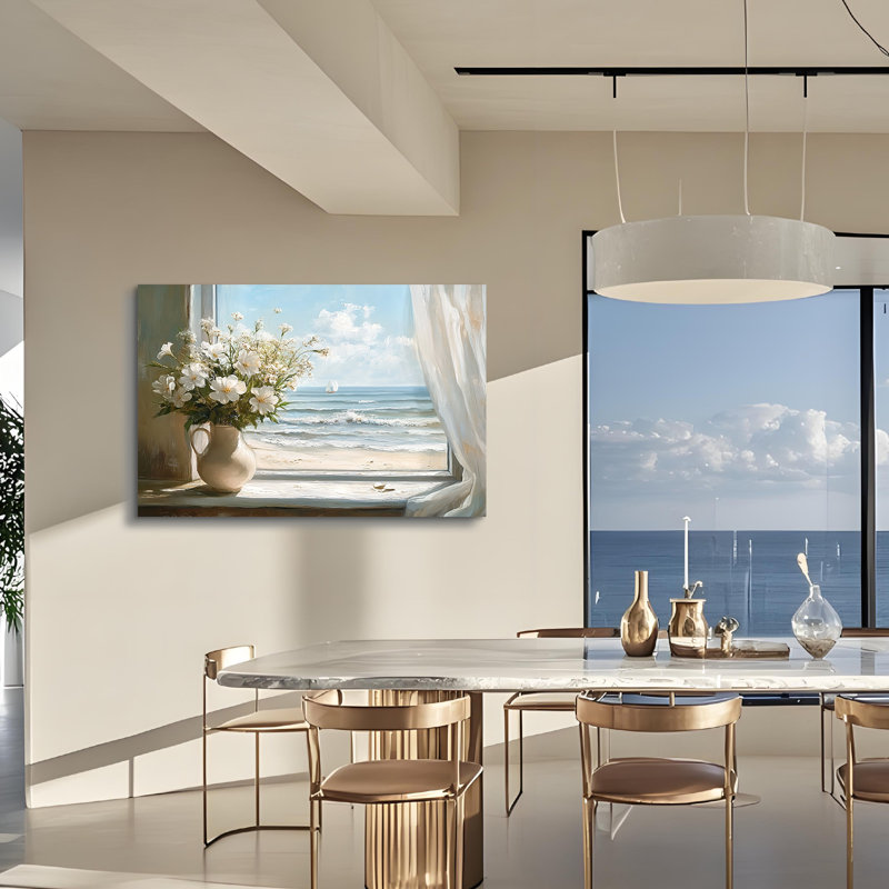 Rustique, art mural, fenêtre, paysage marin, paysage marin, peinture, photos, gardénia blanc, impressions sur toile encadrées