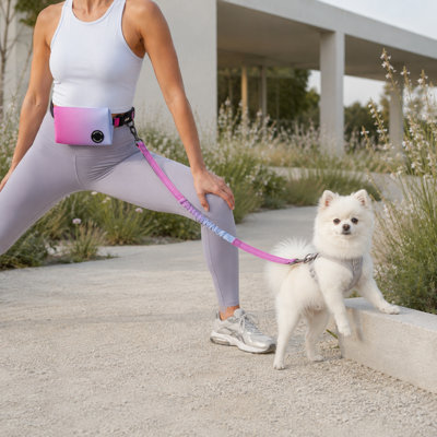 Laisse de course mains libres pour chien avec pochette à la taille, cordon élastique absorbant les chocs, deux poignées de contrôle, coutures réfléchissantes et pince de verrouillage