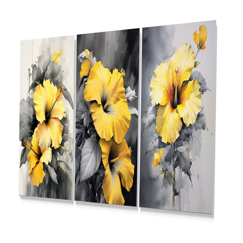Yellow And Grey Hibiscus Serenade - Hibiscus Metal Art Print Set Of 3, 32" H x 48" W
