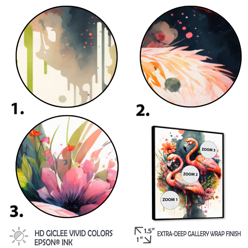 Mignon flamants roses - Peinture sur toile, H 32 po x l 24 po x P 1 po, Cadre flottant noir