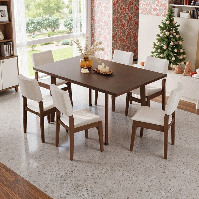7-Piece Dining Table Set With Stackable Chairs Solid Wood Legs & MDF Tabletop, 7 Pieces: Table, 6 Chairs, Dark Walnut